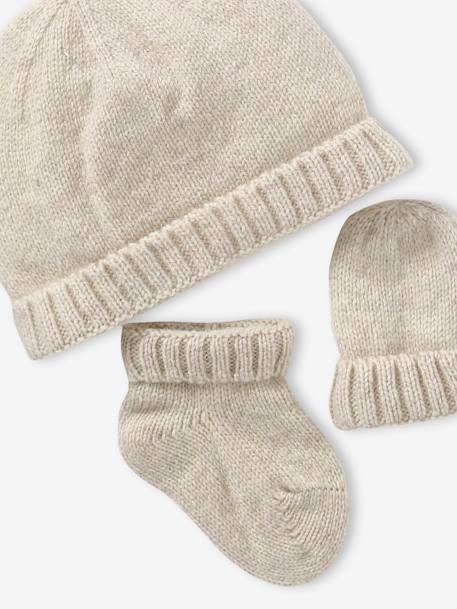 Conjunto em tricot, gorro + luvas + sapatinhos, para bebé avelã+bege mesclado 