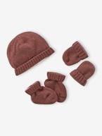 Conjunto em tricot, gorro + luvas + sapatinhos, para bebé avelã+bege mesclado 