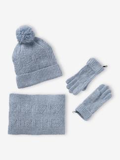 Conjunto gorro + gola snood + mitenes, em malha cintilante aos torcidos