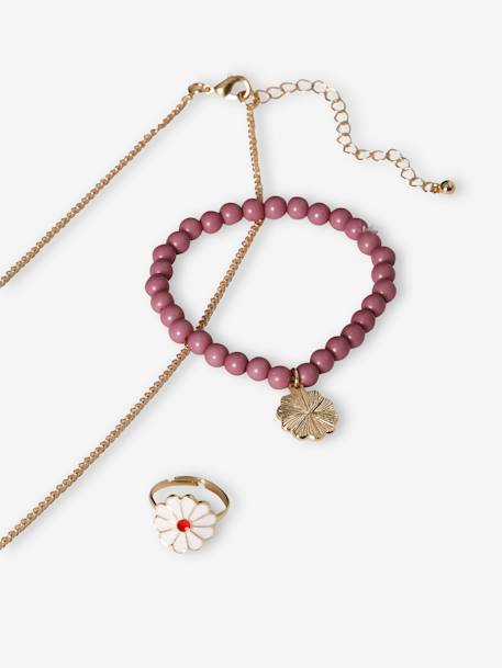 Conjunto fio + pulseira + anel, margaridas malva 