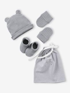 Bebé 0-36 meses-Acessórios-Gorros, cachecóis, luvas-Conjunto recém-nascido em malha canelada: gorro + luvas de polegar + botinhas + saco