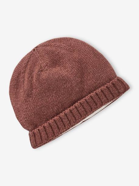 Conjunto em tricot, gorro + luvas + sapatinhos, para bebé avelã+bege mesclado 