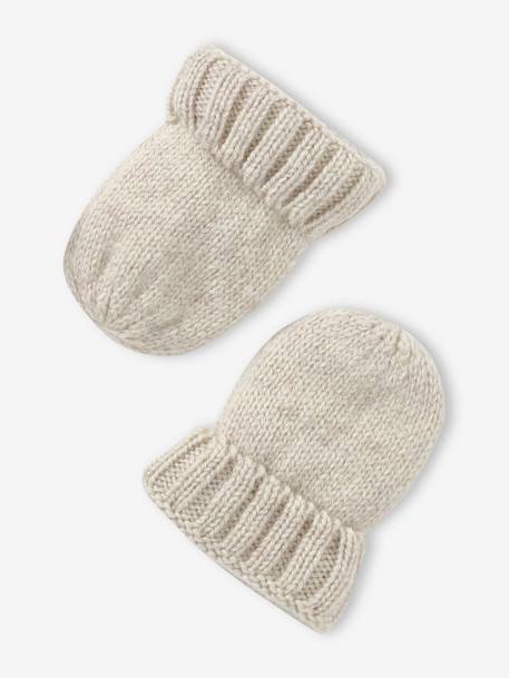 Conjunto em tricot, gorro + luvas + sapatinhos, para bebé avelã+bege mesclado 