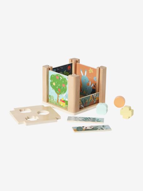 Cubo de atividades 2 em 1, em madeira FSC®: puzzles e formas para encaixar verde 