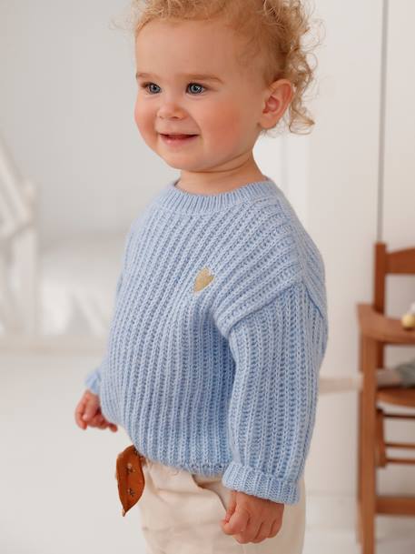 Camisola em tricot, coração dourado, para bebé azul-céu+BRANCO CLARO LISO 