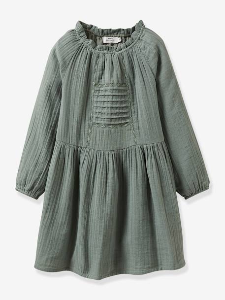 Vestido da CYRILLUS, em gaze de algodão, para menina cinzento+verde amêndoa 