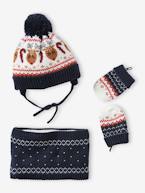 Conjunto de Natal 'Rena', gorro + gola snood + luvas, para bebé menino marinho 