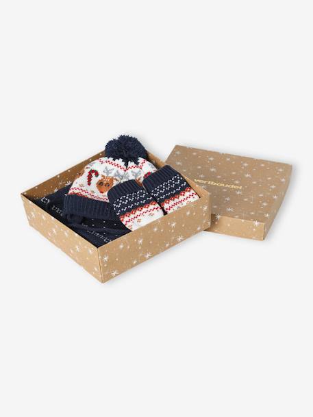 Conjunto de Natal 'Rena', gorro + gola snood + luvas, para bebé menino marinho 