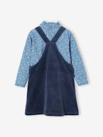 Conjunto camisola + vestido estilo jardineiras, em bombazina, para menina azul-noite+chocolate 