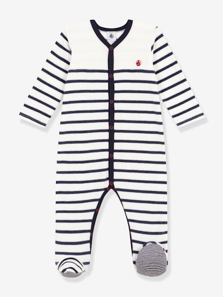 Pijama às riscas, em veludo, para bebé, da Petit Bateau branco estampado 