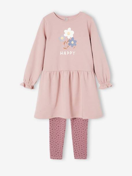 Conjunto vestido e leggings, em moletão, para menina pau-rosa 