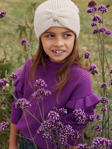 Gorro em malha canelada com laço fantasia, para menina bege mesclado 