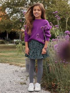 Saia de bombazina estampada às flores,  com folho, para menina