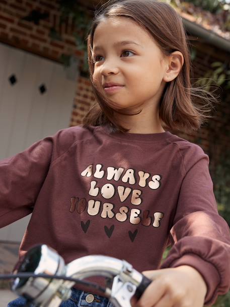 Camisola evasé, mensagem brilhante efeito metalizado, para menina chocolate+rosado 