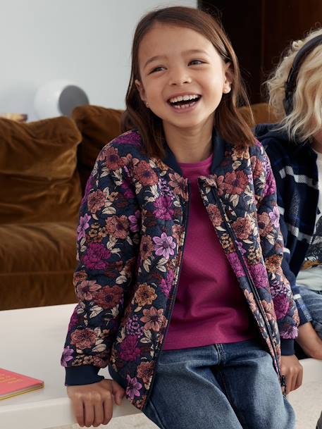 Blusão acolchoado estilo bomber, estampado às flores, para menina azul-noite 