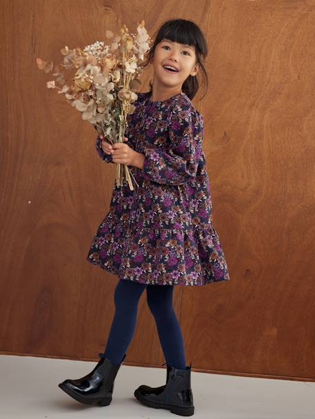 Vestido às flores, em bombazina, para menina azul-noite 