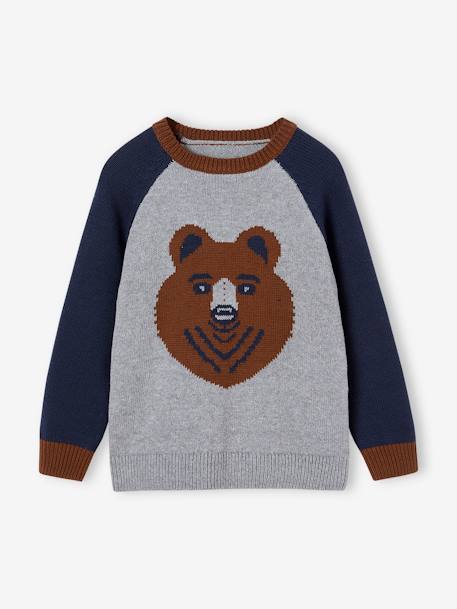 Camisola em jacquard com urso, mangas raglan, para menino cinza mesclado 