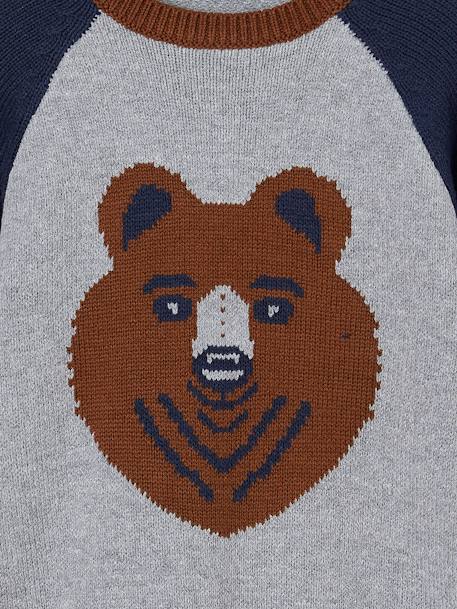 Camisola em jacquard com urso, mangas raglan, para menino cinza mesclado 