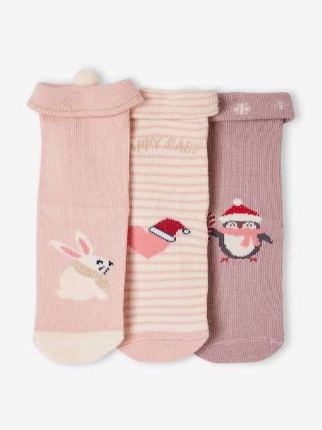 Conjunto com 3 pares de meias de Natal, para bebé menina rosa-velho 