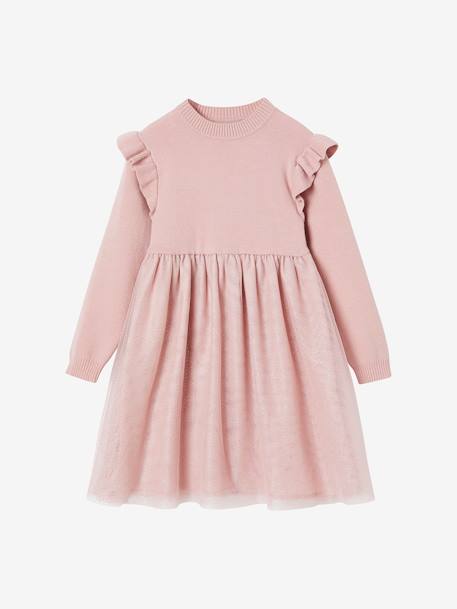 Vestido de cerimónia em tricot e tule, para menina rosa-pálido 