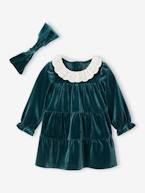 Caixa presente de Natal, vestido em veludo + fita de cabelo, para bebé menina verde-esmeralda 