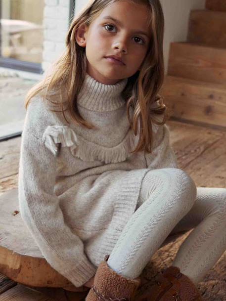Vestido em tricot, realçado por franjas, para menina bege mesclado 