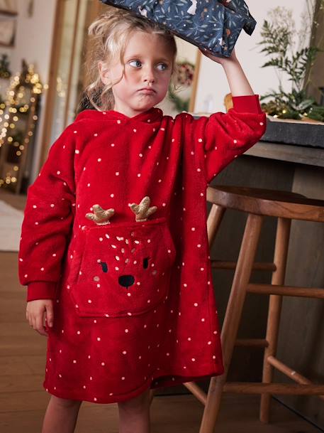 Robe tipo manta Natal, em veludo e polar, para menina vermelho 