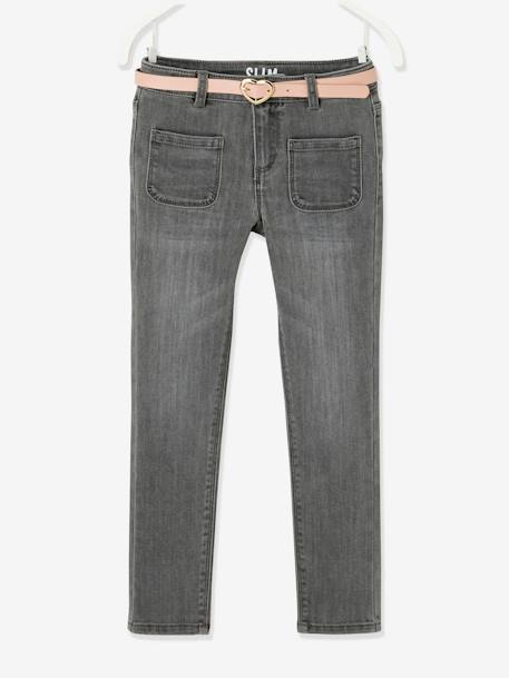 Jeans indestrutíveis com cinto fantasia, para menina CINZENTO CLARO DESBOTADO+stone 