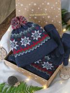 Conjunto de Natal Flocos de Neve, gorro, gola snood e luvas, para menino marinho 