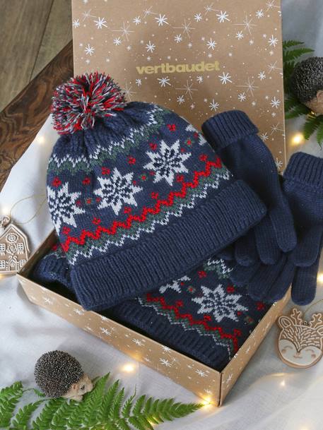 Conjunto de Natal Flocos de Neve, gorro, gola snood e luvas, para menino marinho 