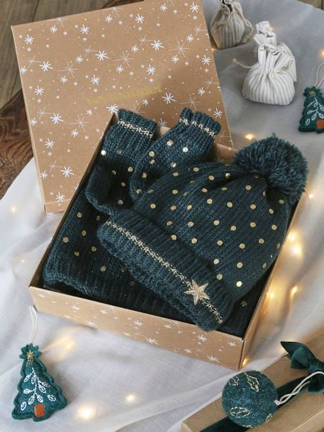 Conjunto de Natal 'Estrela', com gorro + gola snood + luvas, para menina verde 