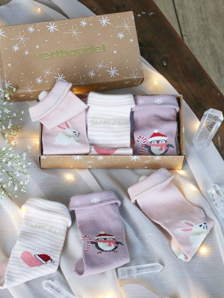 Conjunto com 3 pares de meias de Natal, para bebé menina rosa-velho 