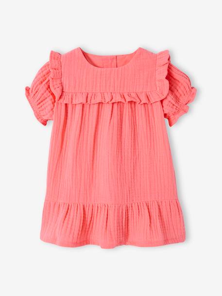 Vestido em gaze de algodão, para bebé baunilha+coral 