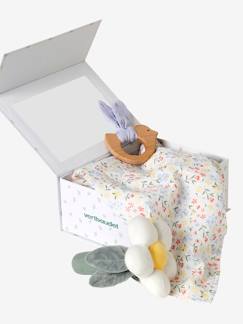 Brinquedos-Primeira idade-Caixa presente com 3 brinquedos: boneco-doudou + roca + livro de ilustrações