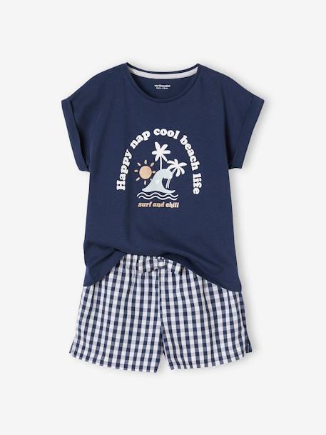 Pijama palmeiras, em malha jersey e popelina vichy, para menina azul-rei 