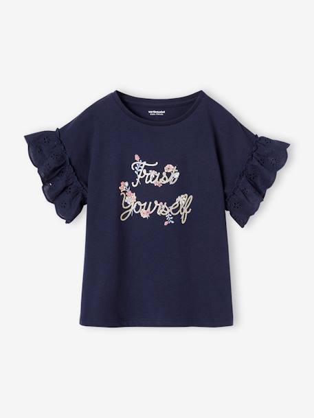 T-shirt romântica, em algodão biológico, para menina cru+marinho 