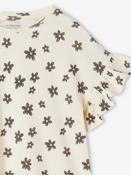 T-shirt em canelado, estampada às flores, para menina bege+branco estampado 