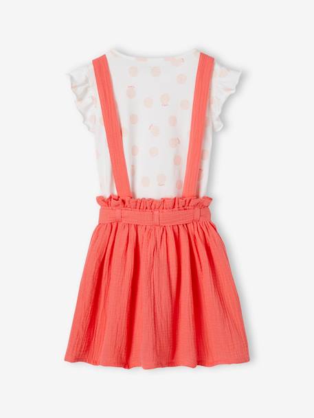 Conjunto t-shirt às riscas + saia em gaze de algodão, para menina coral+lilás+verde-salva 