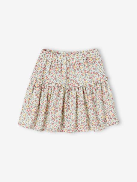 Saia às flores, em gaze de algodão, para menina branco estampado+cru 