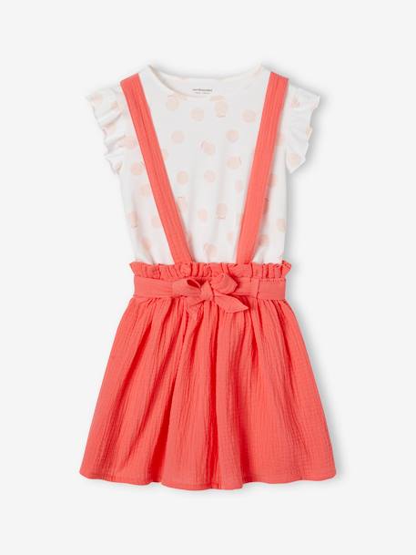 Conjunto t-shirt às riscas + saia em gaze de algodão, para menina coral+lilás+verde-salva 