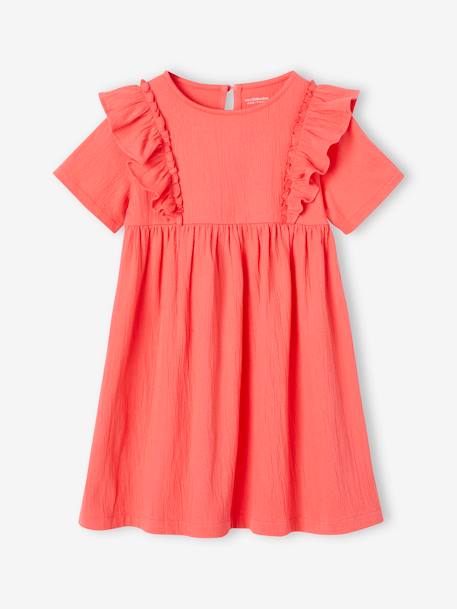 Vestido com folhos, para menina coral+cru 