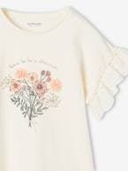 T-shirt com bouquet em relevo, mangas bordadas, para menina baunilha 