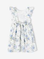 Vestido de cerimónia com folhos, às flores, para menina azul estampado+baunilha 