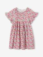 Vestido às flores, mangas borboleta com folhos, para menina rosa 