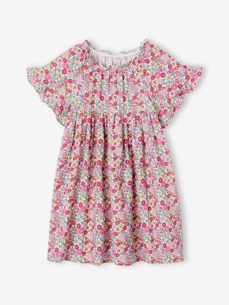 Vestido às flores, mangas borboleta com folhos, para menina rosa 