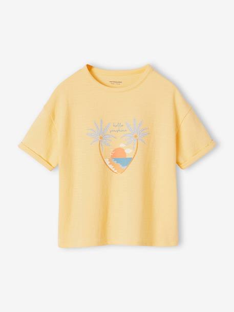 T-shirt com motivo, em malha com relevo, para menina amarelo-pastel+coral 