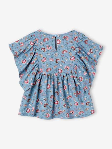 Blusa às flores, para menina azul-petróleo+baunilha+multicolor 