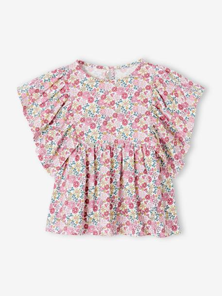 Blusa às flores, para menina azul-petróleo+baunilha+multicolor 