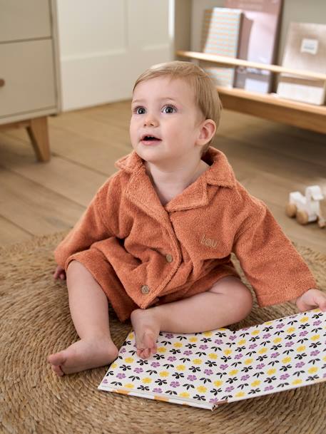 Roupão modelo camisa personalizável, com algodão reciclado, para criança azul-cambraia+bege+terracota 