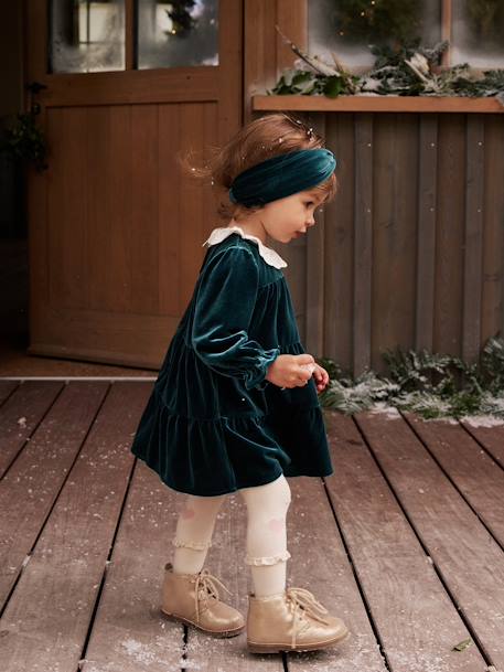 Caixa presente de Natal, vestido em veludo + fita de cabelo, para bebé menina verde-esmeralda 